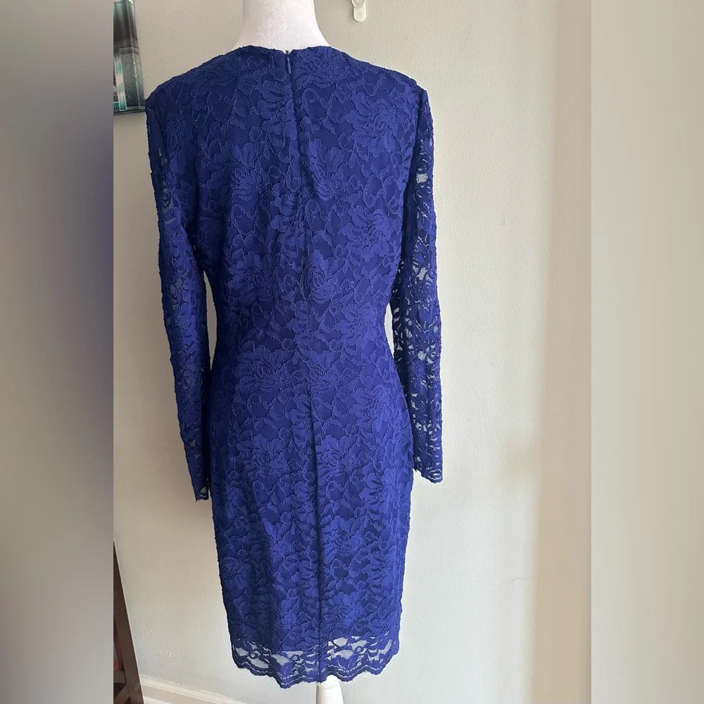 RALPH LAUREN Blue Stretch Floral Lace Sheath Scallop Trim Dress Size 10 - Picture 5 of 10